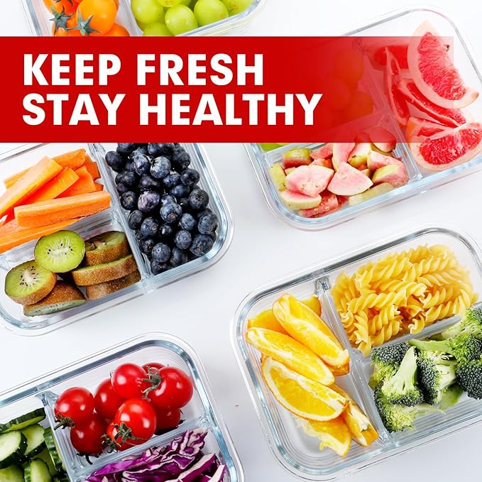 VERONES 5 PACK 36 OZ Glass Food Storage Containers 3 Compartment Set, Red