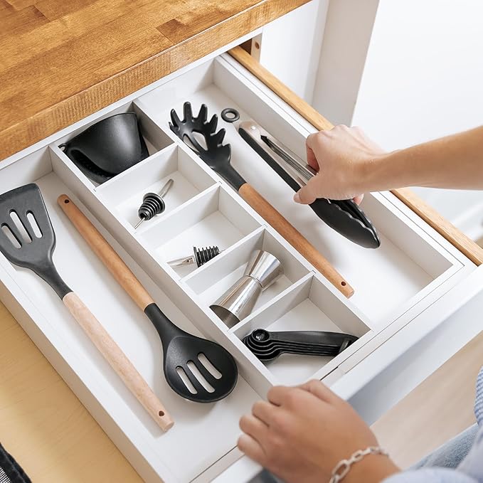 KitchenEdge Utensil & Junk Drawer Organizer, 16-28 in, White Bamboo