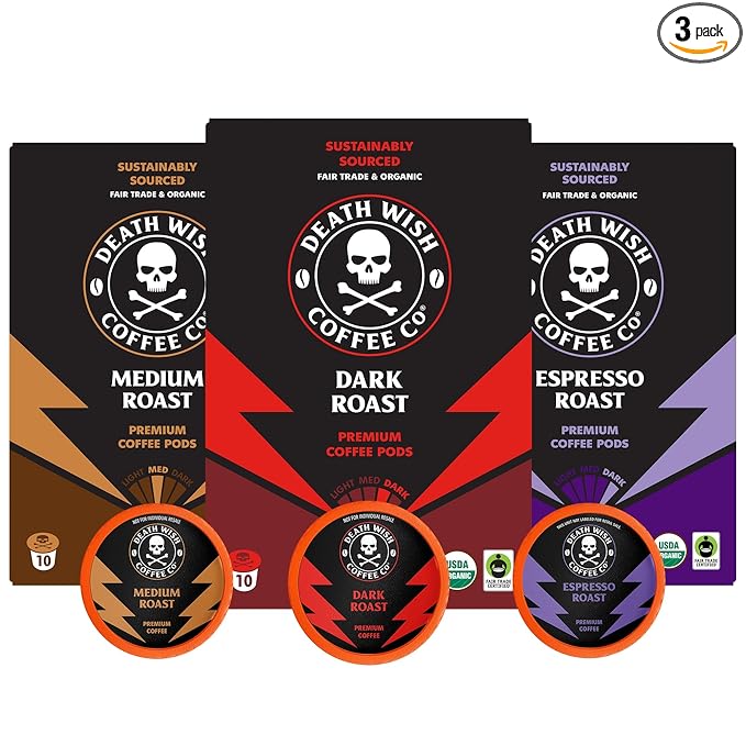 Death Wish Coffee Mixed Roast Variety Pack Coffee Pods, Organic, 30 Count
