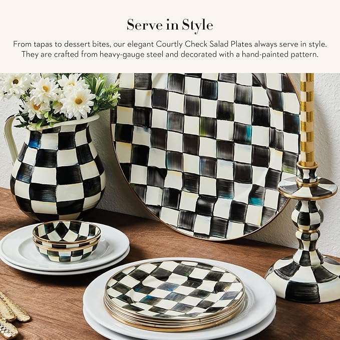 MACKENZIE-CHILDS Enamel Dessert Plate Set, Black-and-White Courtly Check
