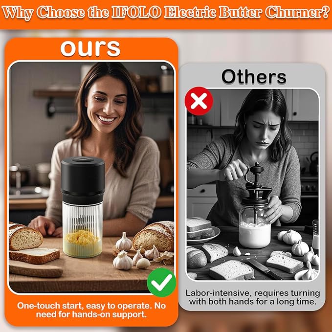 IFOLO Electric Butter Churn – One-Touch Butter Maker in 5–10 Mins, 34oz Glass Jar with High-Speed Brushless Motor, High-Speed Mixing for Creamy Results, Blue