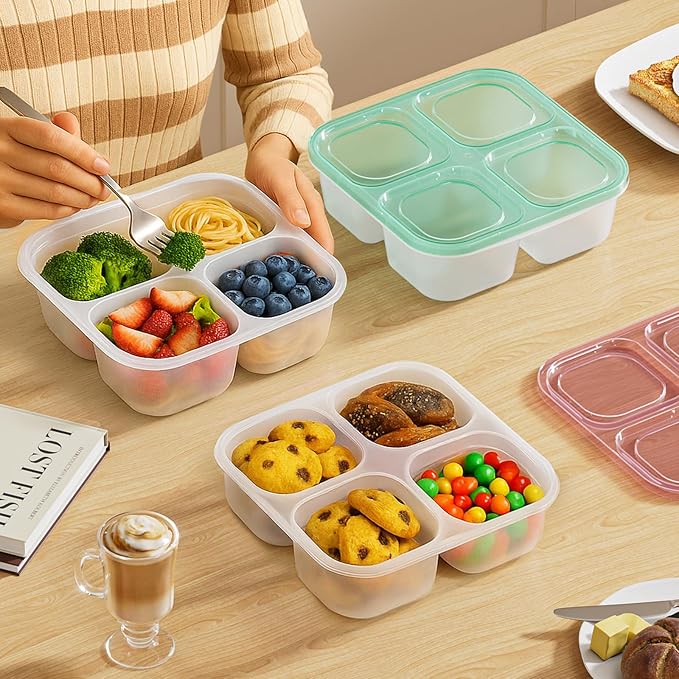Canfanni 6 Pcs Snack Box Container Set, Reusable 3&4 Compartment Meal Prep Snack Containers for Adults Kids Toddler, BPA-Free Divided Lunchable Container for School, Work and Travel (All Transparent)