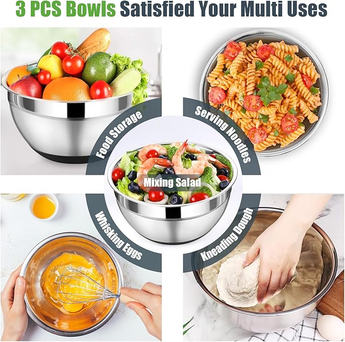 P&P CHEF Mixing Bowl with Lid Set of 3, Stainless Steel Salad Bowls, Black