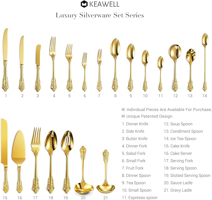 KEAWELL Luxury 20-Piece 18/10 Stainless Steel Flatware Set (Gold)
