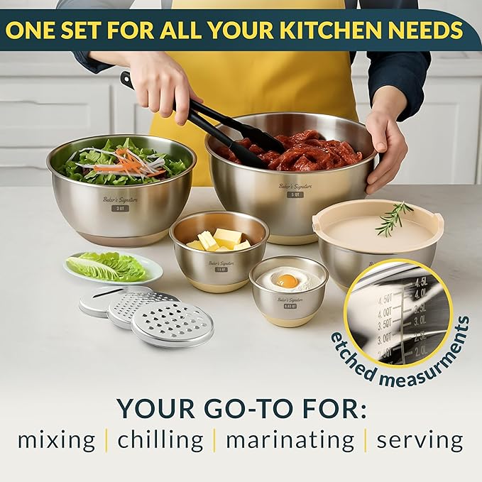Baker's Signature Stainless Steel Mixing Bowls with Lids Set, 5 Sizes