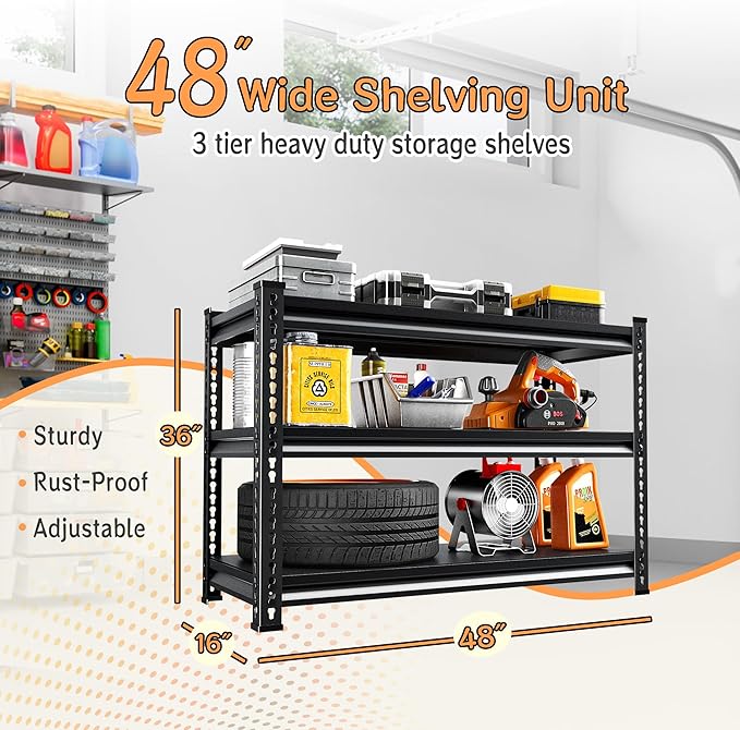 SUPPNEED Storage Garage Shelving Units: 48" W x 16" D x 39" H Black