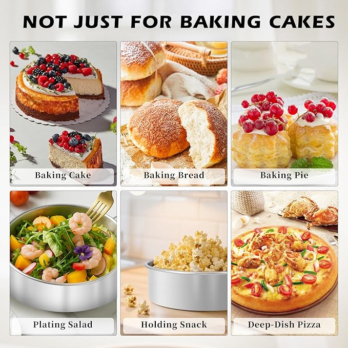 tutikuki 8 Inch Cake Pan - 3PCS Stainless Steel Round Layer Cake Baking Pans with 100 PCS Parchment Paper, Round Bakeware for Party Birthday Wedding, Mirror Finish & Dishwasher Safe