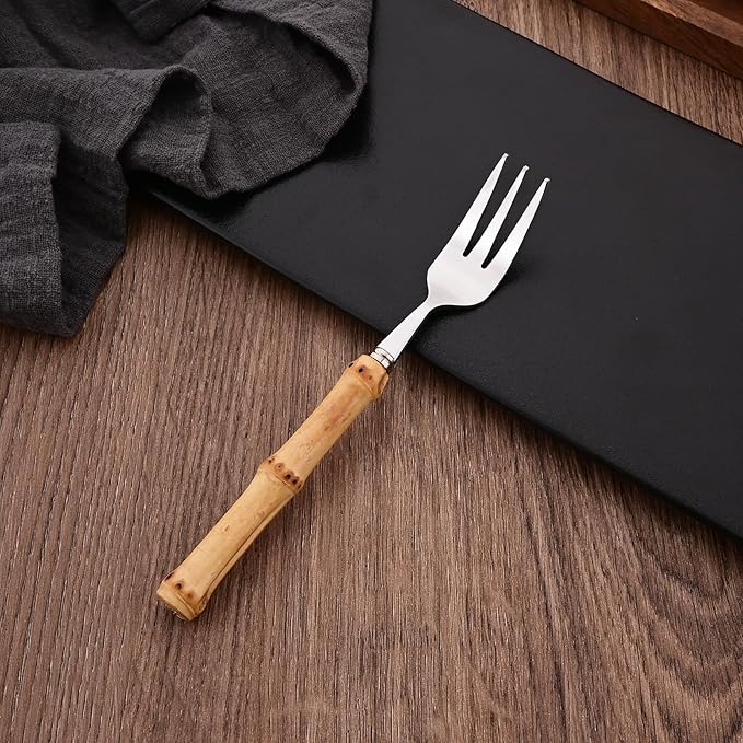 Uniturcky 8 PCS Small Fork, 6.3 Inches Stainless Steel Dessert Forks with Bamboo Handle, Kitchen Flatware Cutlery Set, Use for Tasting Cakes Fruits and Appetizer, Mirror Polished