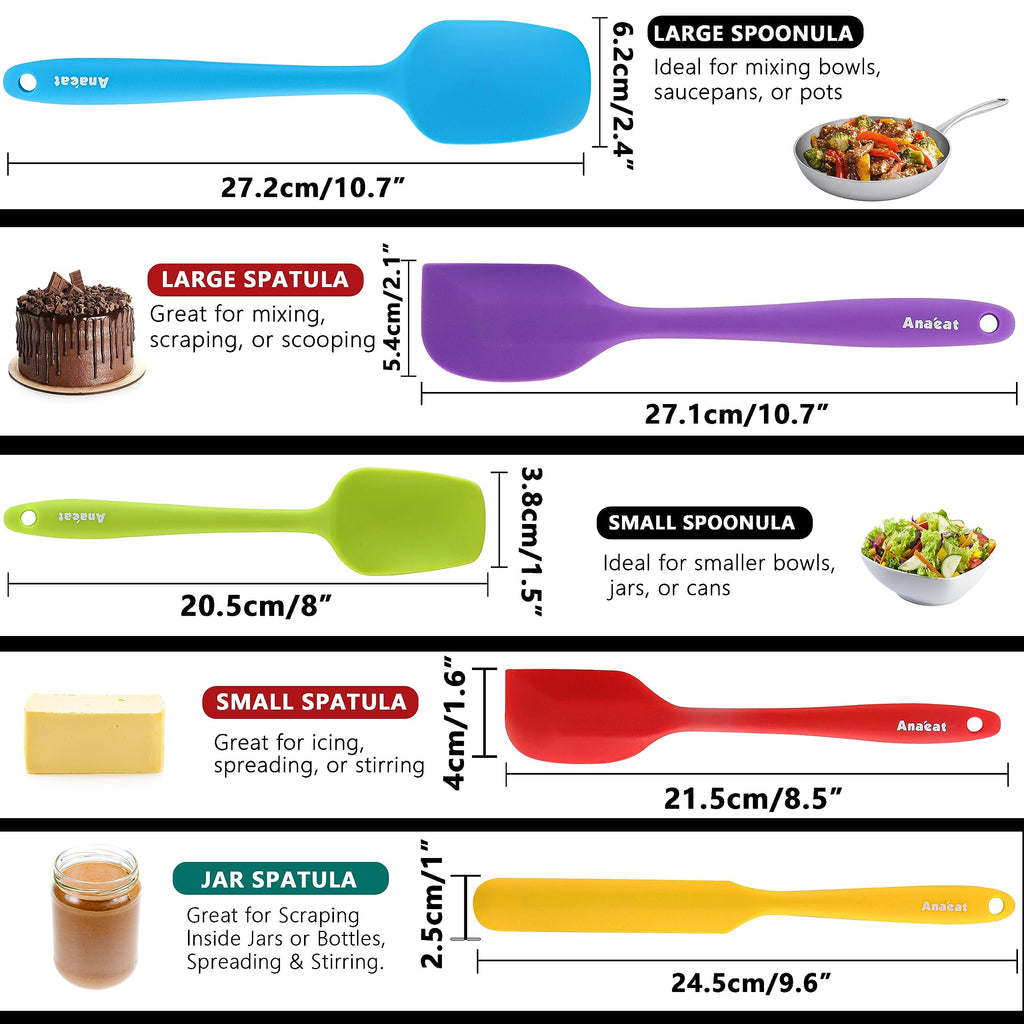 Anaeat Silicone Spatula Set of 5 - Seamless One-Pieces Design, Non-Stick Rubber Spatulas BPA Free Kitchen Scraper Flexible for Easy Baking, Cooking, Scraping & Mixing, Heat Resistant & Dishwasher Safe