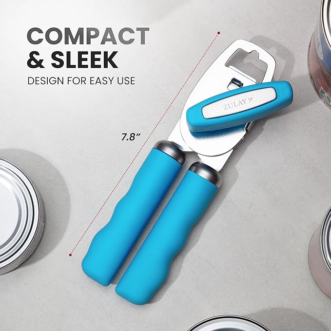 Zulay Kitchen Heavy Duty Stainless Steel Can Opener Manual with Bottle Opener - Rust Proof Manual Can Opener With Turn Knob & Comfy Soft Grip Handles - Aqua