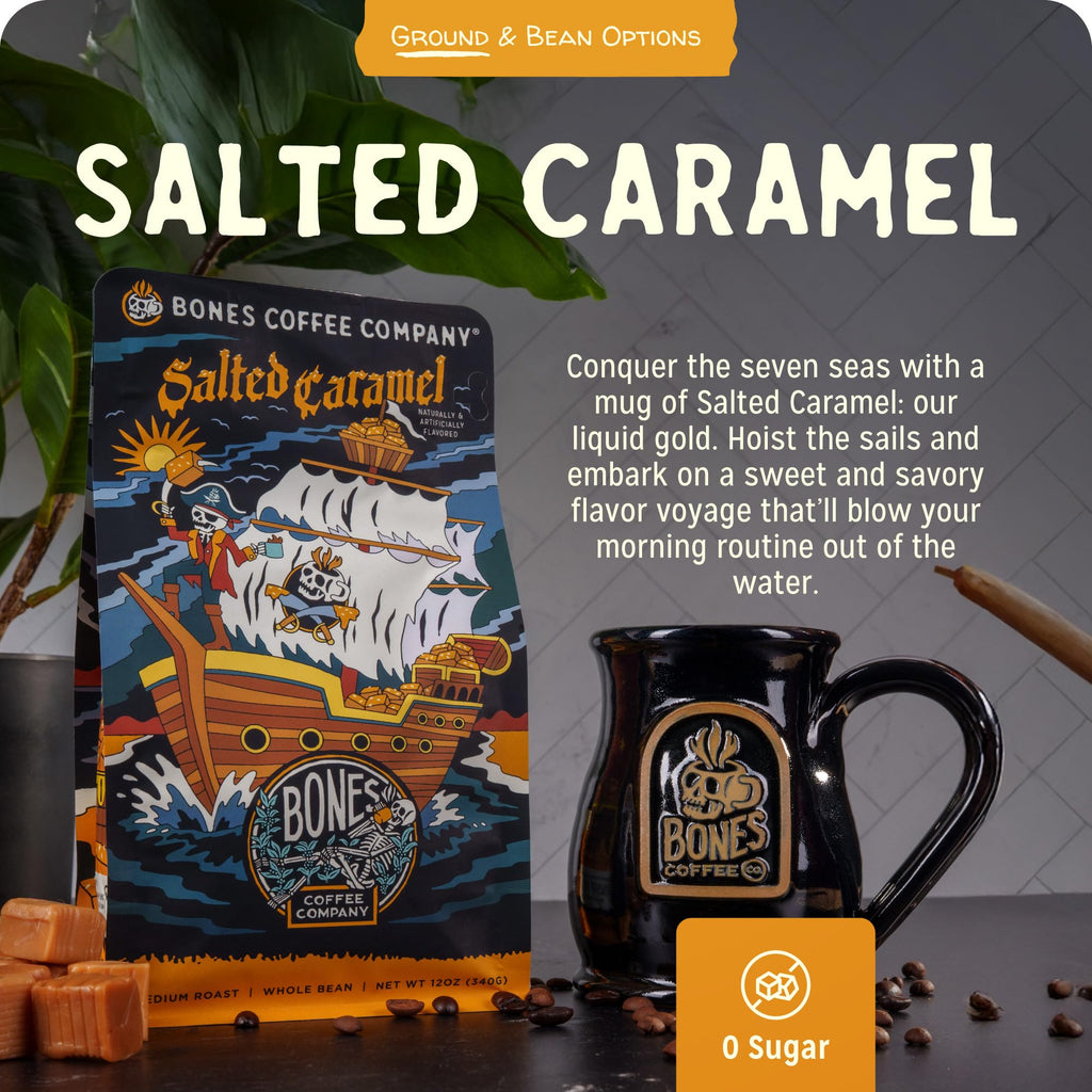 Bones Coffee Company Salted Caramel Flavored Coffee, Medium Roast Low Acid Arabica Beans Compatible with Auto drip and French Press Coffee Maker, 12 Oz Whole Bean