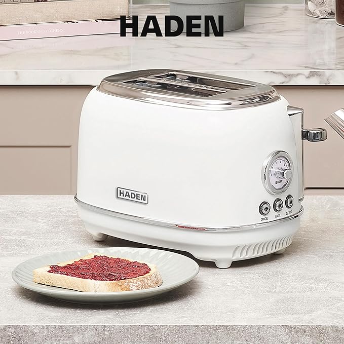 Haden Chelsea 2-Slice Wide Slot Stainless Steel Toaster with Adjustable Browning Control & Non-Slip Feet, Ivory & Chrome