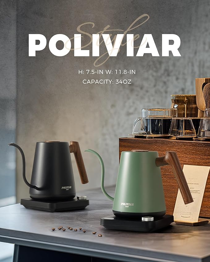 POLIVIAR Electric Gooseneck Kettle, Wood Pattern Handle, Black
