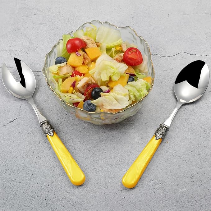 CATHYLIN 2-piece Salad Servers Stainless Steel Salad Serving Set Salad Fork and Spoon (Yellow)