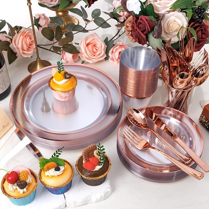 bUCLA 600PCS Clear Rose Gold Plastic Dinnerware Set Disposable - Include 100 Dinner Plates, 100 Dessert Plates, 100 Knives, 100 Forks, 100 Spoons, 100 Cups for Party & Wedding