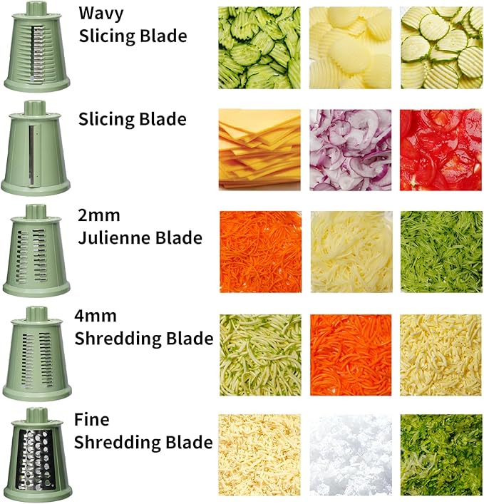 ChinKc Upgrade Rotary Cheese Grater Shredder with Handle, Strong Suction Base, Multi-purpose Rotary Grater Slicer with 5 Interchangeable Blades for Ice, Vegetables, Fruit, Nuts with Blade Storage Box