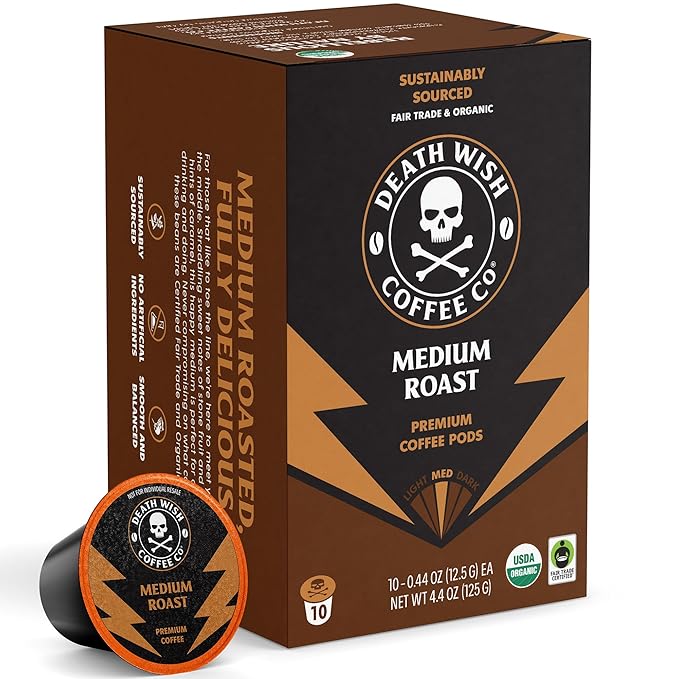 Death Wish Coffee Medium Roast Single Serve Coffee Pods, Organic, 10 Count