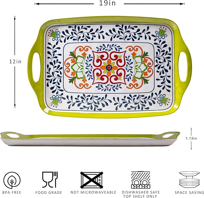 ZAROCRUS Large Serving Platter with Handles,19”x12”Large Rectangular Melamine Serving Tray Set of 2, Kitchen Food and BBQ Serving Platter, Talavera Grilling Prep and Serve Tray, Dishwasher Safe