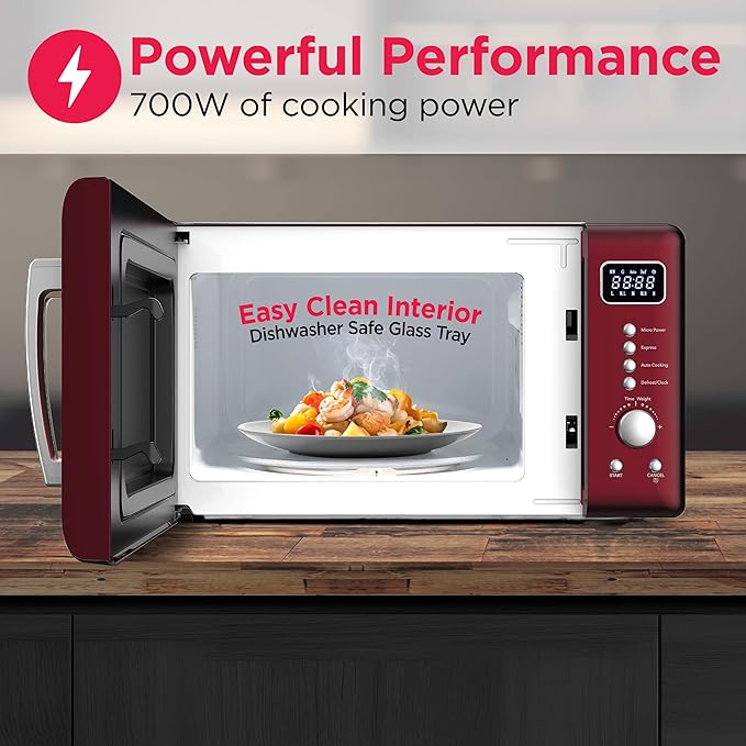 Frigidaire, 0.7 Cu. Ft. Retro Countertop Microwave Oven, 700W Compact Microwave with 8 Auto Cook Menus, Auto Defrost, 5 Power Levels, LED Display, Glass Turntable, Red-Silver