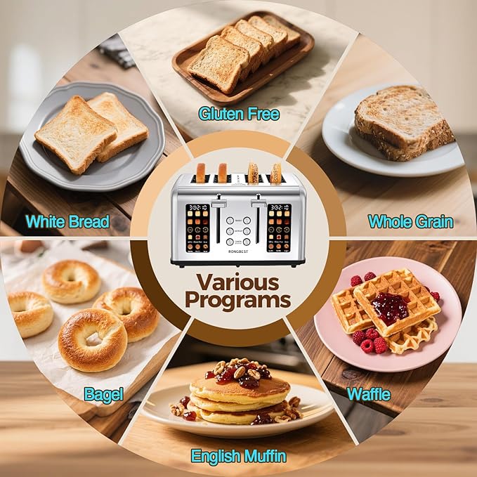 4 Slice Touch Screen Toaster with Wide Slots Stainless Steel Digital Toasters for Family Breakfast, Even Toasting for Bagel & Bread, Reheat Defrost Cancel, Removable Crumb Tray, Silver