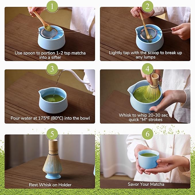 HELPLX Matcha Whisk Set, 10-Piece Japanese Matcha Kit with Bowl, Whisk & Holder, 2 Tea Cups, Bamboo Scoop, Spoon, Sifter, Scoop Rest & Tea Towel – Blue Matcha Tea Set for Ceremony or Daily Use