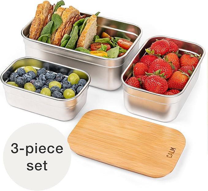 Calm Organics Stainless Steel Food Containers with Bamboo Cutting Board Lids | Set of 3 Reusable Meal Prep Boxes | Airtight Leak-Resistant | Dishwasher Safe | BPA-Free | 2, 4, 6 Cup Sizes