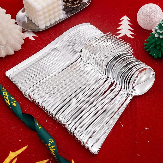 Liacere 200Pcs Silver Plastic Cutlery - Silver Plastic Silverware- Disposable Silverware - 100 Forks, 50 Spoons, 50 Knives Perfect for Wedding ＆ Party