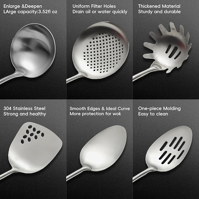 Izurok 18/10 Stainless Steel Kitchen Utensils Set,6 Piece Cooking Utensils With Wood Handle,Heat Resistant Kitchen Tool Set With Spatula, Spoon, Ladle, Skimmer, Slotted Spoon, Pasta