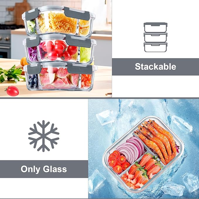 VERONES 5 PACK 36 OZ Glass Food Storage Containers 3 Compartment Set, Grey