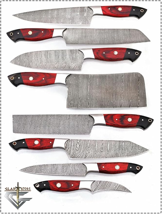 G16B8- Professional Kitchen Knives Custom Made Damascus Steel pcs of Professional Utility Chef Kitchen Knife Set with Chopper/Cleaver Black Horn (at end) GladiatorsGuild (8, White Bone)