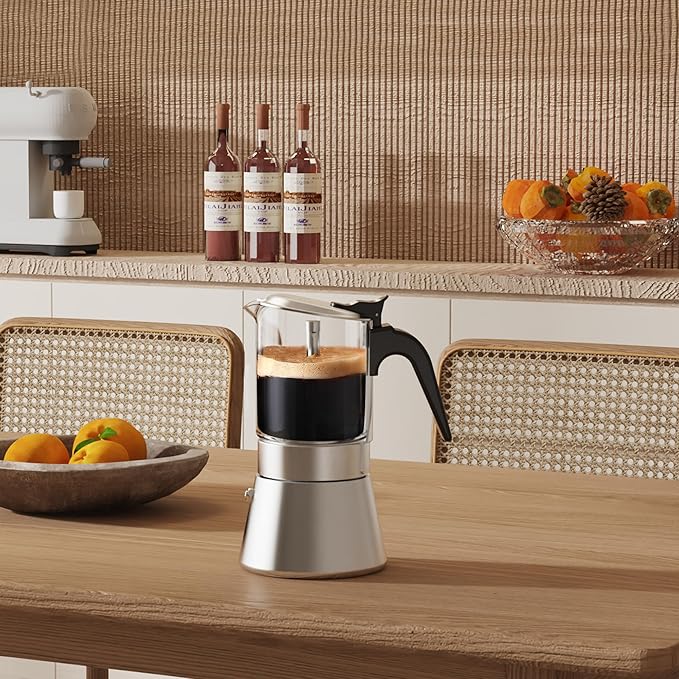 SIXAQUAE Stovetop Espresso Maker, Crystal Glass-top & Stainless Steel Espresso Moka Pot,Classic Italian coffee maker（360ml）
