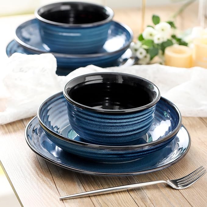 Hasense Ceramic Dinnerware Set, 12 Pieces Handmade Reactive Glaze Plate and Bowls Set of 4 (Plates, Pasta Dish, Cereal Bowls), Chip and Scratch Resistant Dinner Dishes Service, Navy Blue