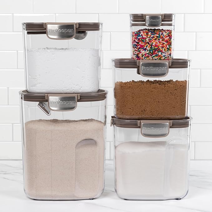 ProKeeper+ Airtight Food Storage Container Set – Clear Plastic Flour and Sugar Canister Set with Magnetic Accessories for Kitchen Organization (Taupe, 9-Piece)