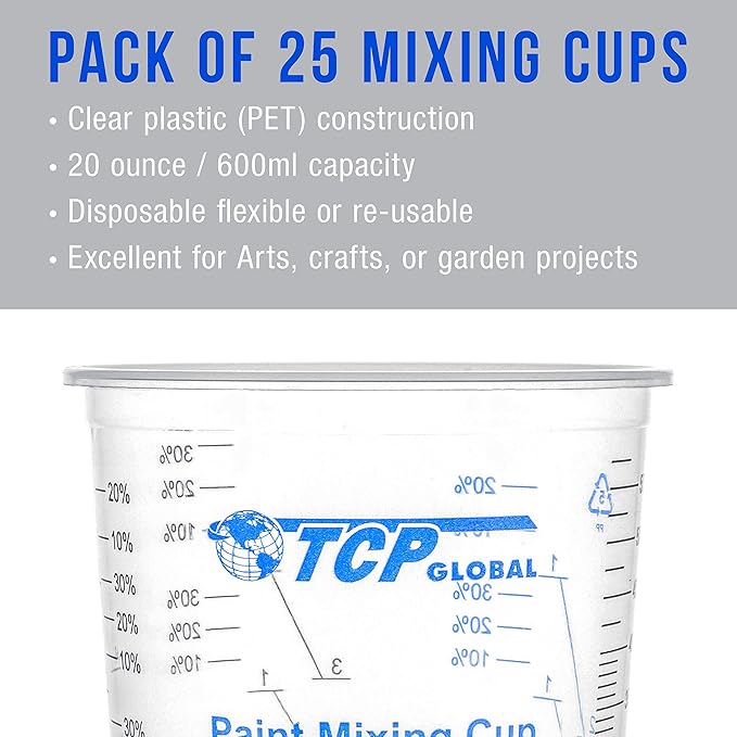 TCP Global 20 oz. (600ml) Graduated Plastic Mixing Cups - Box of 25 - Disposable Plastic Measuring Cups for Liquids, Paints, Resin, Epoxy, Art, Kitchen - Ratios 2-1, 3-1, 4-1 ML