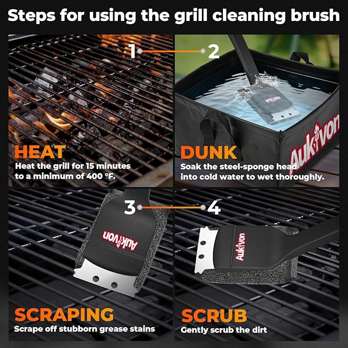 Aukivon 2PCS Upgraded Grill Brush for Outdoor Grill with Water Dunk Basin, Bristle Free, Steel Fiber Grill Brush for Cast Iron/Porcelain/Charcoal/Stainless Steel Grates, Gift for Men/Dad