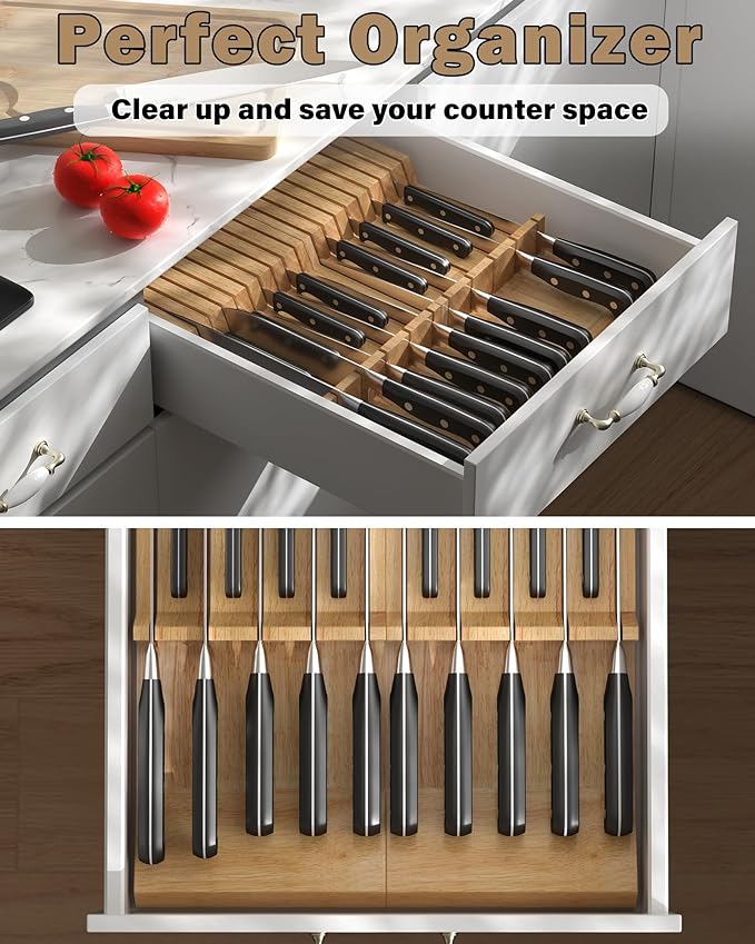 Cook N Home Basics Durable Wood Cutlery Holder, Knife Storage Block Organizer, Made of natural rubber wood, Polished Surface, Suitable for Drawers, 2 Pcs, 9-Slot