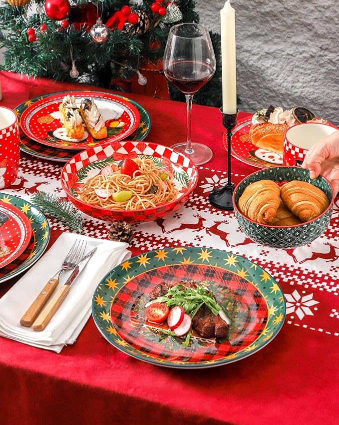 Hasense Dinnerware Set of 4, Ceramic Holiday Plates and Bowls Sets with Mugs, 16 Pieces Chip & Scratch Resistant Serving Dishes for Party Everday Use, Microwave and Dishwasher Safe