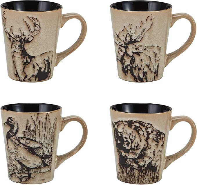 Mossy Oak 16-Piece Stoneware Dinnerware Set, Service for 4 with Dinner Plates, Salad Plates, Bowls and Mugs, Lodge-Style Wildlife Animal Sketch Design, Dishwasher and Microwave Safe