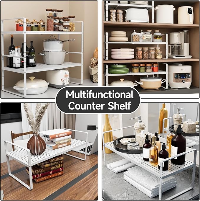 jkxoo 2Pcs Expandable Cabinet Shelf Organizers, 16.5"~27''L, White