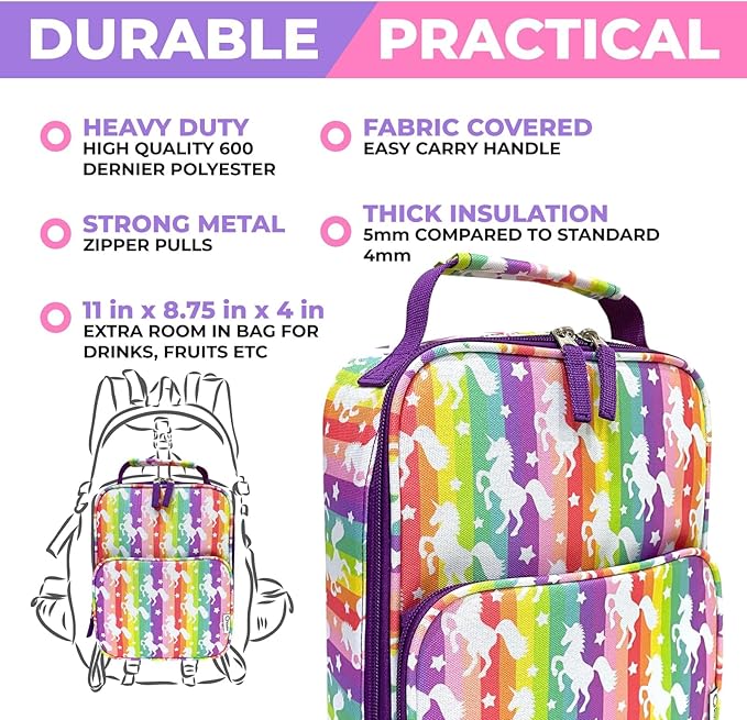 kinsho Bento Lunch Box with Insulated Bag, Ice Pack and Accessories for Girls. Snack Containers with 4 Compartment Dividers for Toddlers Pre-School Daycare BPA Free Set, Utensils, Rainbow Unicorn