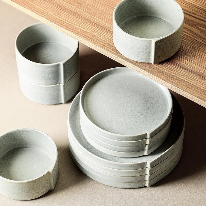 Stone Lain Bao 12-Piece Dinnerware Set Stoneware, Plates and Bowls Set, Dishwasher and Microwave Safe, Dish Set for 4, Blue-Grey