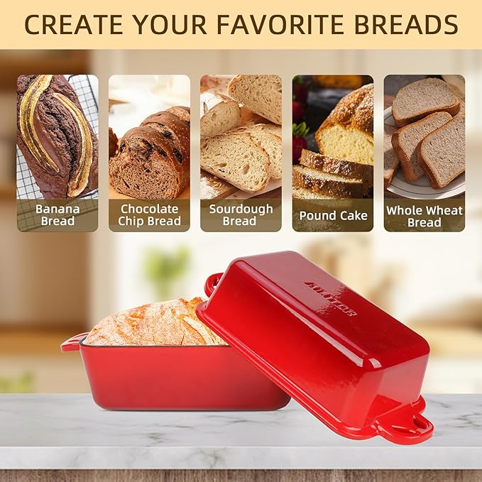 AILITOR 9x5 Enameled Cast Iron Loaf Pan with Lid - 2 in 1 Homemade Sourdough Bread Baking Pan