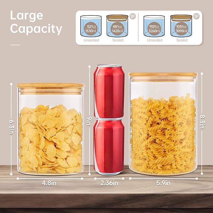 Large Glass Storage Containers with Bamboo Lids for Flour & Sugar, 2 Pack