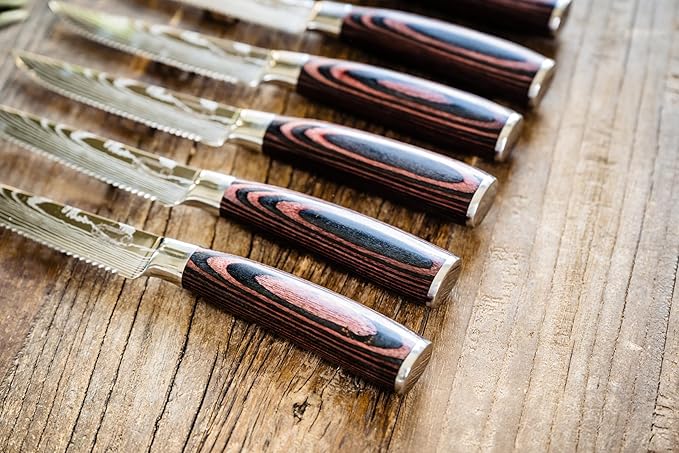 The Epicurean Cook Majesty Series Professional Steak Knife Set with Damascus Pattern - Razor Sharp Serrated Stainless Steel with Wooden Handle (Set of 6 Steak Knives)