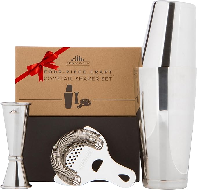 A Bar Above Cocktail Shaker Set, 4-Piece Professional Bartender Kit with Boston Shaker, Strainer and Jigger, Stainless Steel Bar Accessories for Craft Cocktails, Silver