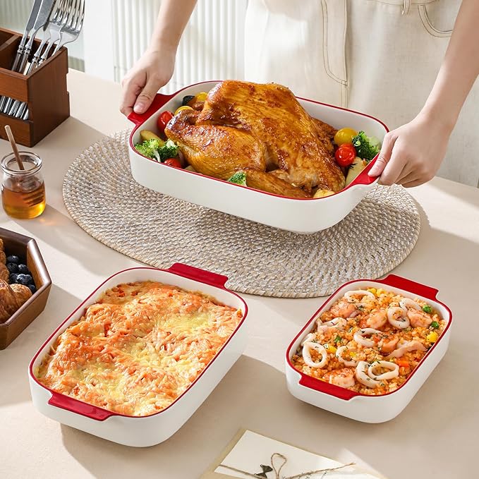 MALACASA Ceramic Casserole Dishes Set of 3, Red Trim Baking Dish for Oven