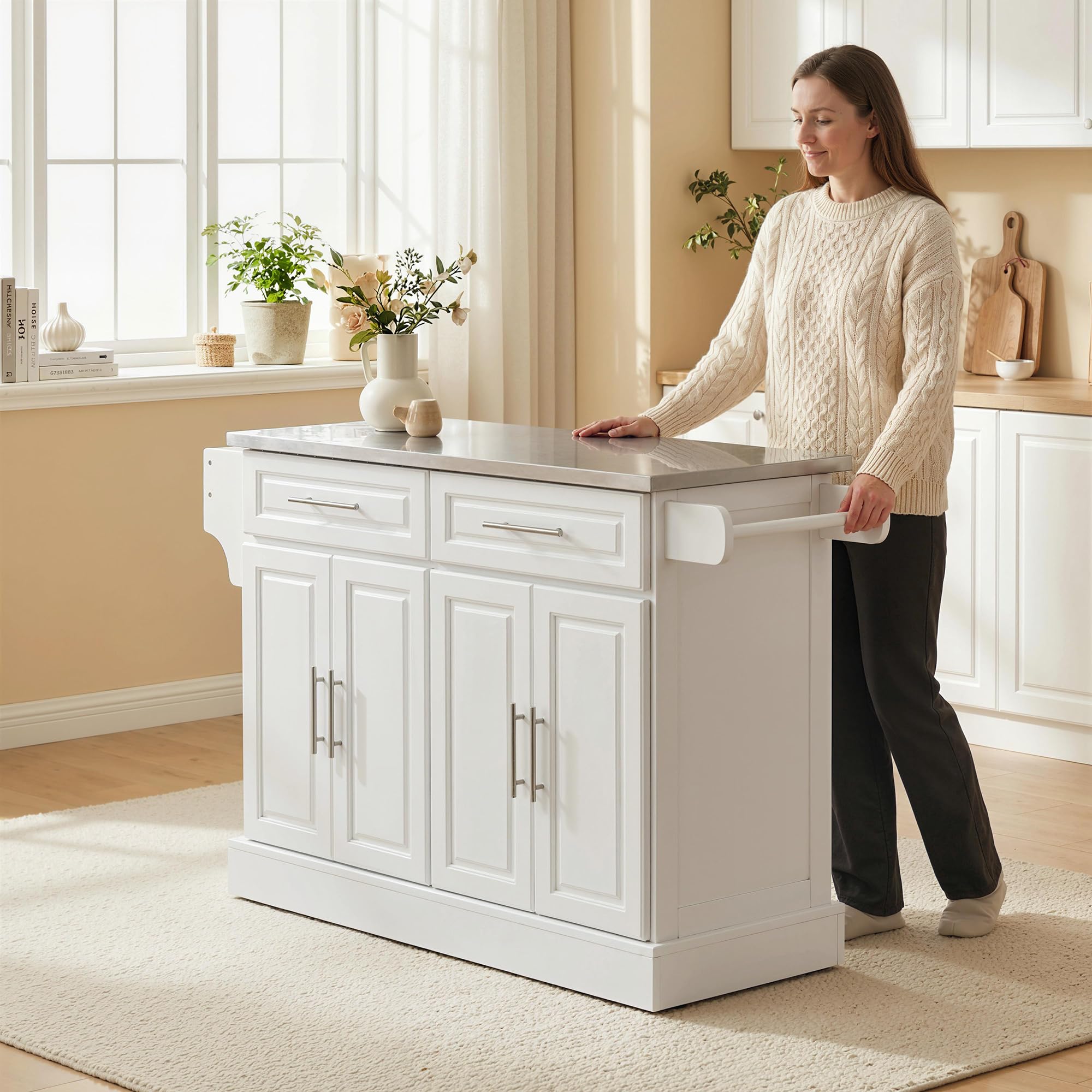 HOMCOM Rolling Kitchen Island Cart with 47" Stainless Steel Top White