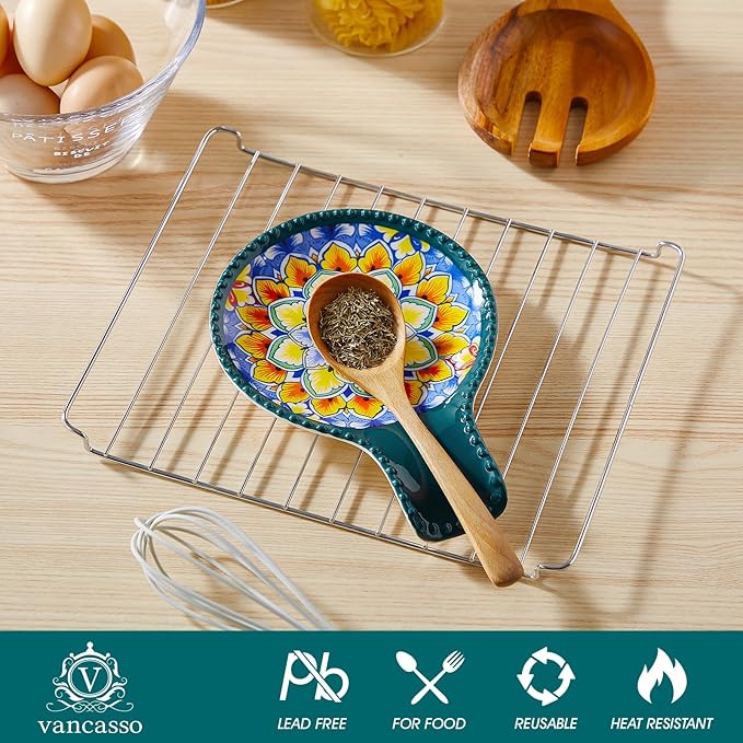 vancasso 7.7 Inch Ceramic Spoon Rest, Bohemian Stove Top, Green