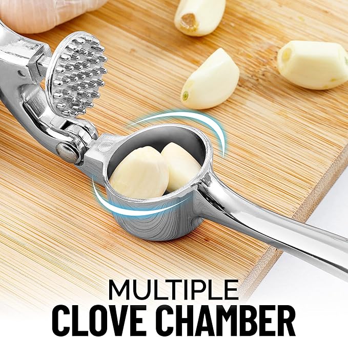 Zulay Kitchen Premium Garlic Press Set - Rust Proof Professional Garlic Mincer Tool - Easy-Squeeze, Easy-Clean with Soft, Ergonomic Handle - Silicone Garlic Peeler & Brush (Chrome)