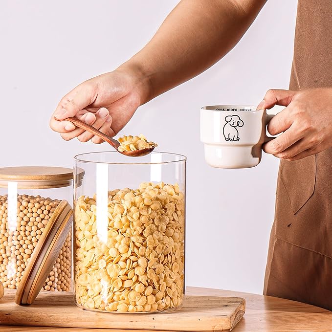 Wnaraa Glass Flour Storage Containers with Lids, Glass Jars with Bamboo Lids, Large Food Storage Jar, Sugar, Pantry Storage Container for Pasta Rice Flour Oats Nuts Tea Spice (Round 27oz+54oz+100oz)